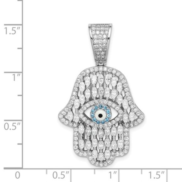 925 Sterling Silver Created White & Blue CZ Hamsa Hand Charm Necklace Pendant - Picture 2 of 3